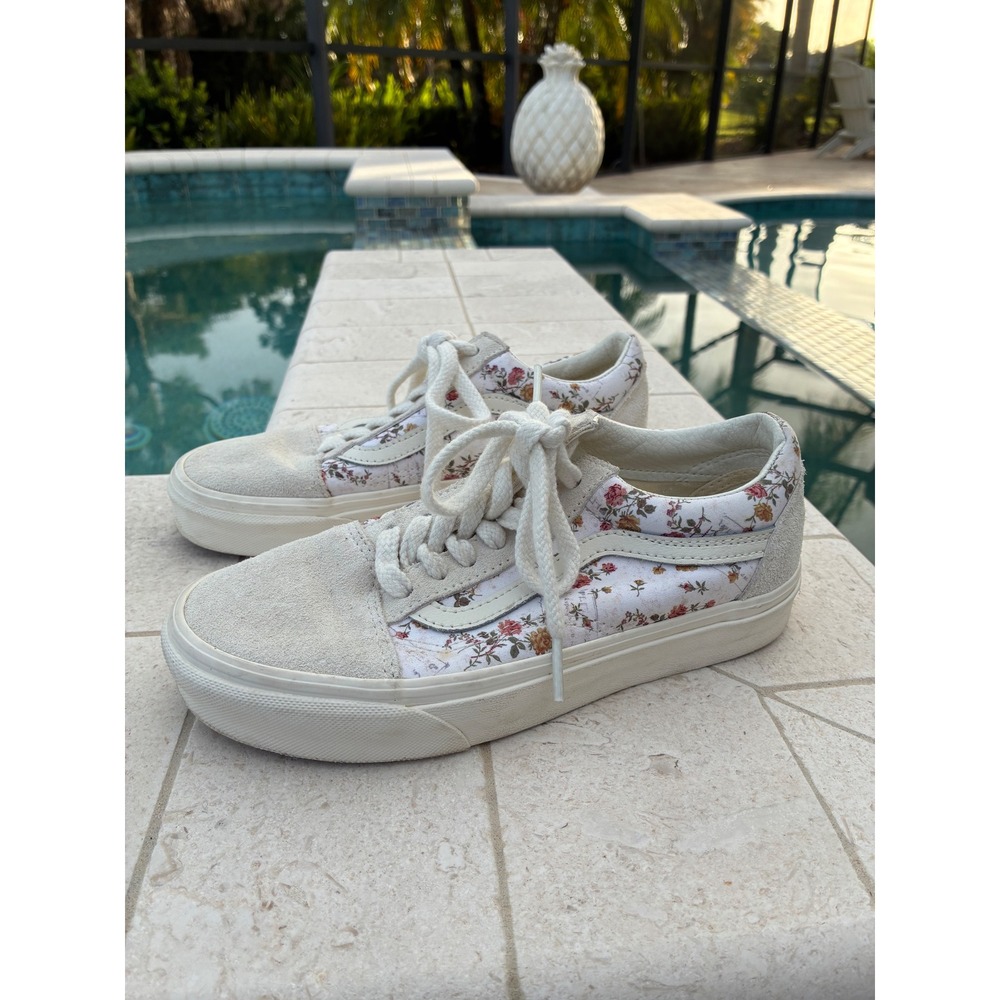 Vans Old Skool Floral Marshmallow Suede Sneakers Cream Low Top Womens 6 - Picture 3 of 6